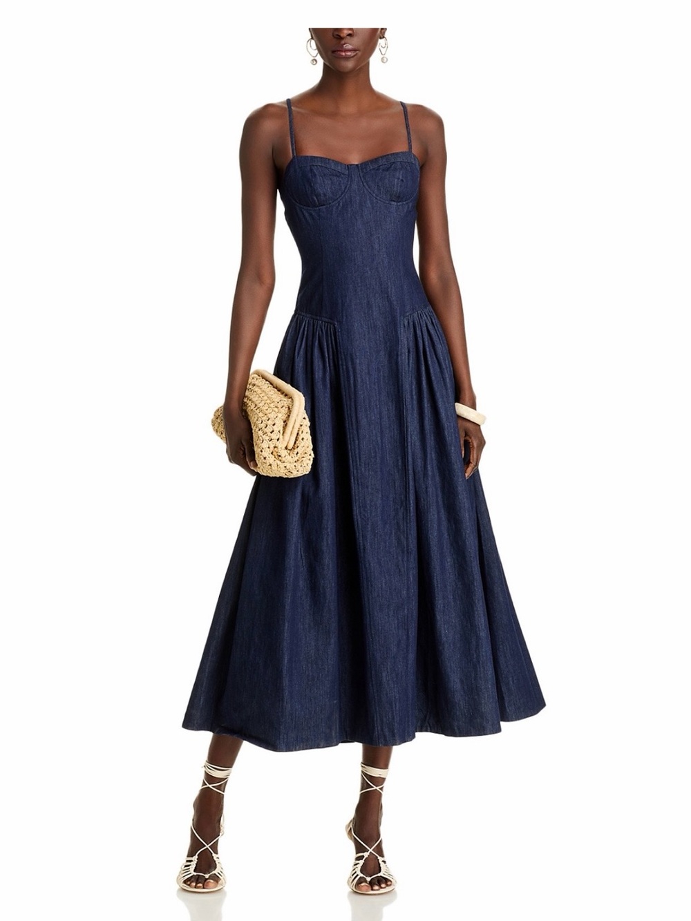 Aqua Navy Blue Denim Midi Dress with Spaghetti Straps